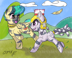 Size: 2000x1600 | Tagged: safe, artist:frecklesfanatic, oc, oc:apogee, oc:zala, pegasus, pony, zebra, cardboard, cute, female, filly, helmet, striped, tongue out, zebra oc