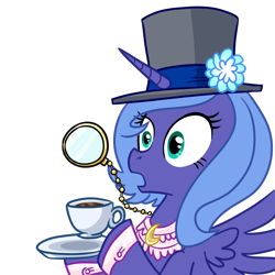 Size: 1000x1000 | Tagged: safe, artist:madmax, princess luna, alicorn, pony, bust, classy, female, gasp, hat, horn, like a sir, mare, monocle, open mouth, portrait, reaction image, s1 luna, simple background, solo, tea, top hat, transparent background, wings