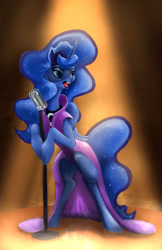 Size: 1618x2500 | Tagged: safe, artist:paleheart-arts, princess luna, alicorn, pony, clothes, dress, female, mare, microphone, open mouth, singing, solo