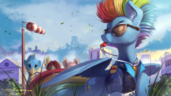 Size: 1920x1080 | Tagged: safe, artist:discordthege, gallus, rainbow dash, griffon, pegasus, pony, backwards cutie mark, clothes, female, male, mare, mohawk, uniform, wings, wonderbolts uniform