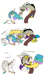 Size: 881x1492 | Tagged: safe, artist:mickeymonster, discord, princess celestia, alicorn, draconequus, pony, troll, angry, bald, celestia is not amused, comic, cotton candy, discord being discord, female, food, hilarious in hindsight, mane, mare, modular, photoshop, simple background, this will end in petrification, varying degrees of amusement, white background