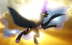 Size: 1920x1200 | Tagged: safe, artist:atomic-chinchilla, princess luna, alicorn, pony, action pose, backlighting, female, flying, magic, mare, photoshop, solo, spread wings, wings