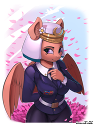 Size: 1125x1500 | Tagged: safe, alternate version, artist:discordthege, somnambula, anthro, pegasus, busty somnambula, clothes, curvy, cute, female, flower, flower in hair, flower petals, hourglass figure, lineless, looking at you, mare, military uniform, necktie, sergeant, smiling, solo, somnambetes, uniform