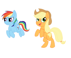 Size: 800x650 | Tagged: safe, artist:sorckylo, applejack, rainbow dash, earth pony, pegasus, pony, female, mare, rearing, simple background, white background