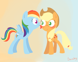 Size: 750x600 | Tagged: safe, artist:sorckylo, applejack, rainbow dash, earth pony, pegasus, pony, appledash, blushing, female, gradient background, lesbian, licking, mare, shipping