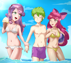 Size: 2164x1920 | Tagged: safe, alternate version, artist:thebrokencog, apple bloom, spike, sweetie belle, human, anime, bikini, clothes, commission, female, food, humanized, ice cream, male, shipping, spikebelle, spikebloom, straight, swimsuit, water