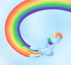 Size: 800x736 | Tagged: safe, artist:sorckylo, rainbow dash, pegasus, pony, eyes closed, female, flying, happy, mare, rainbow, sky, solo