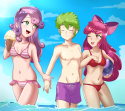 Size: 2164x1920 | Tagged: safe, alternate version, artist:thebrokencog, apple bloom, spike, sweetie belle, human, anime, belly button, bikini, clothes, commission, female, food, humanized, ice cream, male, shipping, spike gets all the mares, spikebelle, spikebloom, straight, swimsuit, water