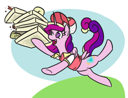 Size: 670x511 | Tagged: safe, artist:jargon scott, princess cadance, alicorn, pony, cadance's pizza delivery, female, food, hat, hoof hold, mare, peetzer, pizza, pizza box, pizza delivery, solo