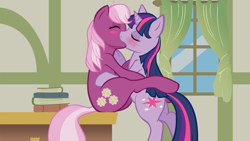 Size: 5000x2813 | Tagged: safe, artist:crookedtrees, artist:somepony, cheerilee, twilight sparkle, unicorn twilight, earth pony, pony, unicorn, blushing, book, cheerilight, female, kissing, lesbian, love, mare, photoshop, ponyville schoolhouse, school, shipping, table