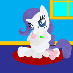 Size: 1350x1350 | Tagged: safe, artist:the-laughing-horror, rarity, sweetie belle, pony, unicorn, baby, baby sweetie belle, female, filly, foal, hug, mare, photoshop, sitting, window
