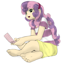 Size: 808x826 | Tagged: safe, artist:alloyrabbit, color edit, edit, sweetie belle, human, 3ds, barefoot, clothes, crossed legs, feet, female, humanized, looking down, nintendo, open mouth, shirt, simple background, sitting, skirt, soles, solo, toes, white background