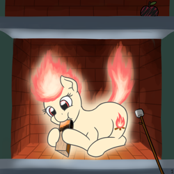 Size: 1280x1280 | Tagged: safe, artist:mkogwheel, oc, oc:yule log, object pony, original species, pony, badumsquish approved, fire, fire pony, fire tail, fireplace, firewood, food, mane of fire, marshmallow, nom, ponified, ponyta, solo, stick, walking campfire, wood