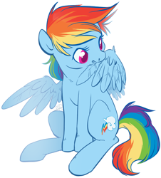 Size: 638x705 | Tagged: dead source, safe, artist:clovercoin, rainbow dash, pegasus, pony, biting, cute, dashabetes, female, mare, preening, simple background, sitting, solo, white background, wing bite