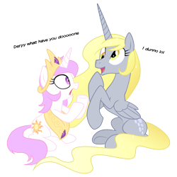 Size: 2000x2000 | Tagged: safe, artist:equestria-prevails, derpy hooves, princess celestia, alicorn, pony, unicorn, clothes, derpicorn, dialogue, duo, epic derpy, female, filly, foal, high res, i dunno lol, i just don't know what went wrong, loose fitting clothes, mare, pink-mane celestia, race swap, role reversal, shrunklestia, simple background, this will end in tears, transparent background, unicorn celestia, wat, what have you done?!, xk-class end-of-the-world scenario