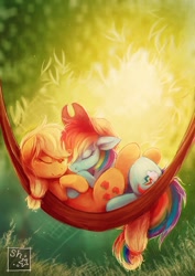 Size: 700x991 | Tagged: safe, artist:sharley, artist:sharley102, applejack, rainbow dash, earth pony, pegasus, pony, accessory swap, appledash, cuddling, cute, female, grass, hammock, lesbian, mare, photoshop, shipping, sleeping, tails tangle