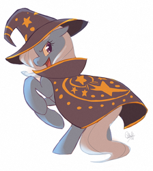 Size: 500x559 | Tagged: safe, artist:rollingrabbit, trixie, pony, unicorn, cape, clothes, female, hat, mare, rearing, simple background, solo, white background, wizard hat