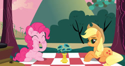 Size: 600x320 | Tagged: safe, artist:spookitty, editor:lisaloudleijon, applejack, pinkie pie, earth pony, pony, applepie, cute, date, female, flower, lesbian, picnic blanket, shipping, tree