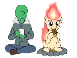 Size: 1000x750 | Tagged: safe, artist:mkogwheel, oc, oc:anon, oc:yule log, object pony, original species, pony, campfire, fire, fire pony, fire tail, firewood, food, mane of fire, nom, pokémon, ponified, ponyta, walking campfire, wood