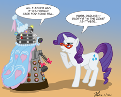 Size: 1000x800 | Tagged: safe, artist:the_gneech, part of a set, rarity, alien, cyborg, pony, unicorn, adobe imageready, clothes, crossover, dalek, dialogue, doctor who, dress, female, glasses, gradient background, humliation, karma, mare, mutant, rarity's glasses, retribution