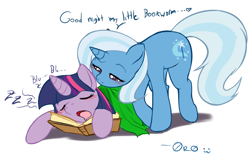 Size: 836x536 | Tagged: safe, artist:0r0ch1, trixie, twilight sparkle, pony, unicorn, blanket, blushing, book, bookworm, colored pupils, cute, daaaaaaaaaaaw, diabetes, dialogue, diatrixes, drool, eyes closed, female, heart, hnnng, lesbian, lidded eyes, mare, mouth hold, open mouth, prone, shipping, simple background, sleeping, sweet dreams fuel, that pony sure does love books, twiabetes, twixie, white background, zzz
