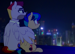 Size: 1504x1080 | Tagged: safe, artist:shinodage, oc, oc:apogee, oc:jet stream, pegasus, pony, city, father and child, father and daughter, female, filly, freckles, hug, male, night, parent and child, rooftop, stallion, winghug