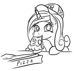 Size: 547x529 | Tagged: safe, artist:jargon scott, princess cadance, alicorn, pony, black and white, cadance's pizza delivery, eating, female, food, grayscale, hat, mare, meat, monochrome, mushroom, nom, peetzer, pepperoni, pepperoni pizza, pizza, pizza box, pizza delivery, simple background, solo, that pony sure does love pizza, this will end in heartburn, white background, wide eyes