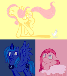 Size: 900x1018 | Tagged: safe, artist:steeve, fluttershy, pinkie pie, princess luna, alicorn, earth pony, pegasus, pony, adobe imageready, female, mare, s1 luna