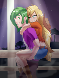 Size: 1550x2048 | Tagged: safe, artist:thebrokencog, applejack, spike, human, applespike, carrying, commission, cute, female, humanized, male, night, older, older spike, piggyback ride, shipping, smiling, straight