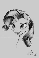 Size: 600x900 | Tagged: safe, artist:amarynceus, rarity, pony, unicorn, blushing, female, mare, monochrome, raised eyebrow, smiling, solo, watermark