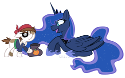 Size: 1724x1080 | Tagged: safe, artist:steeve, pipsqueak, princess luna, alicorn, earth pony, pony, luna eclipsed, candy, colt, female, lunapip, male, mare, nightmare night, prone, shipping, simple background, straight, transparent background
