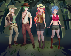 Size: 2612x2048 | Tagged: safe, artist:thebrokencog, applejack, petunia paleo, spike, sunset shimmer, human, equestria girls, anime, belly button, clothes, commission, crossover, fedora, female, fingerless gloves, gloves, hat, human spike, humanized, indiana jack, jumanji, jumanji: welcome to the jungle, jungle, male, midriff, older, older spike, pants, safari jacket, safari vest, scenery, shirt, shoes, shorts, slouch hat, trousers, vest