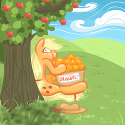 Size: 800x800 | Tagged: safe, artist:steeve, applejack, earth pony, pony, apple, caught, cloud, dishonorapple, female, fruit heresy, mare, no one must know, orange, sitting, solo, tree