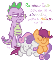 Size: 608x680 | Tagged: safe, artist:steeve, rainbow dash, scootaloo, spike, sweetie belle, dragon, pegasus, pony, unicorn, adobe imageready, annoyed, colored text, cropped, dictionary belle, female, filly, green text, male, new rainbow dash, orange text, purple text, scootachicken, simple background, sleeping, white background