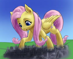 Size: 680x550 | Tagged: safe, artist:alloyrabbit, fluttershy, earth pony, pegasus, pony, city, destruction, female, giant pony, giantess, lowres, macro, picture for breezies, shadow, sky