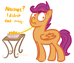 Size: 800x680 | Tagged: safe, artist:steeve, scootaloo, pegasus, pony, cheese, cropped, female, filly, nachos, scrunchy face, simple background, solo, table, telling lies, white background