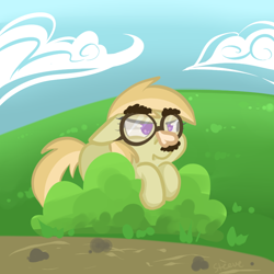 Size: 800x800 | Tagged: safe, artist:steeve, noi, earth pony, pony, bush, cloud, cropped, female, filly, floppy ears, glasses, groucho mask, solo