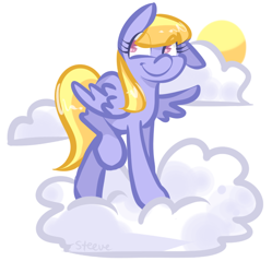 Size: 668x670 | Tagged: safe, artist:steeve, cloud kicker, pegasus, pony, cloud, cloudy, cropped, female, hooves, mare, on a cloud, solo, spread wings, standing on cloud, sun, wings