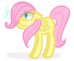 Size: 674x555 | Tagged: safe, artist:steeve, fluttershy, pegasus, pony, cropped, female, filly, floppy ears, foal, frown, shy, simple background, solo, speech bubble, um