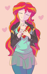 Size: 687x1080 | Tagged: safe, artist:thebrokencog, sunset shimmer, human, equestria girls, box of chocolates, cute, eyes closed, female, heart, holiday, human coloration, humanized, pink background, shimmerbetes, simple background, smiling, solo, valentine's day