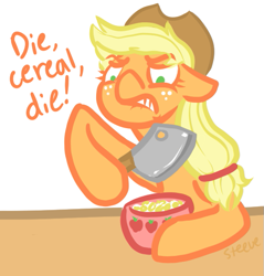 Size: 565x592 | Tagged: safe, artist:steeve, applejack, earth pony, pony, angry, cereal, cleaver, cropped, female, floppy ears, knife, mare, pun, serial killer, solo, visual pun