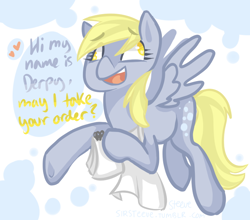 Size: 726x640 | Tagged: safe, artist:steeve, derpy hooves, pegasus, pony, abstract background, cropped, female, flying, mare, no pupils, solo, waiter
