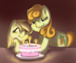 Size: 762x629 | Tagged: safe, artist:steeve, carrot top, golden harvest, noi, earth pony, pony, cake, cropped, cute, eyes closed, female, filly, mare, noiabetes