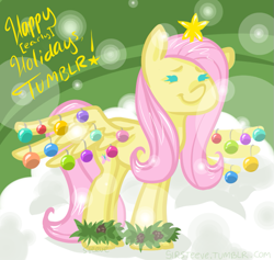 Size: 761x721 | Tagged: safe, artist:steeve, fluttershy, pegasus, pony, abstract background, christmas, cropped, cute, female, fluttertree, mare, smiling, solo, spread wings