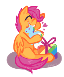 Size: 590x705 | Tagged: safe, artist:steeve, rainbow dash, scootaloo, pegasus, pony, cropped, eyes closed, female, filly, happy, plushie, present, simple background, sitting, solo, white background