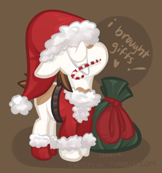 Size: 538x576 | Tagged: safe, artist:steeve, pipsqueak, earth pony, pony, candy cane, christmas, colt, cropped, floppy ears, hat, male, mouth hold, sack, santa hat, santa sack, solo
