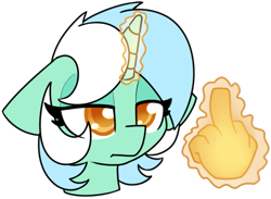 Size: 729x533 | Tagged: safe, artist:lockheart, lyra heartstrings, pony, unicorn, bust, glowing horn, hand, magic, magic hands, middle finger, simple background, solo, transparent background, vulgar