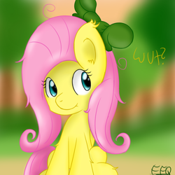 Size: 1000x1000 | Tagged: safe, artist:freefraq, fluttershy, pegasus, pony, cute, ear fluff, female, mare, ribbon, signature, sitting, solo