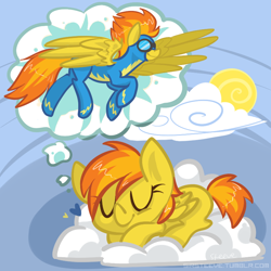Size: 800x800 | Tagged: safe, artist:steeve, spitfire, pegasus, pony, blank flank, clothes, cloud, cropped, dream, eyes closed, female, filly, flying, foal, goggles, hooves, lying down, mare, on a cloud, prone, sleeping, solo, uniform, wings, wonderbolts, wonderbolts uniform