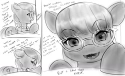 Size: 1212x742 | Tagged: safe, artist:alloyrabbit, silver spoon, earth pony, pony, female, filly, filly predator, giant pony, glasses, implied vore, looking at you, macro, micro, monochrome, necklace, offscreen character, open mouth, pearl necklace, pov